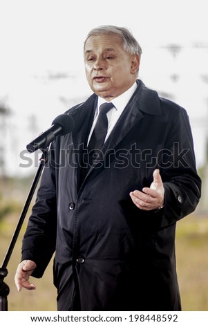GRYFINO, POLAND - MAY 14, 2014:Jaroslaw Kaczynski, former polish prime minister and leader of right-wing, conservative party Law and Justice (PiS), during press conference.