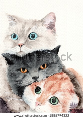 Watercolor illustration of three funny fluffy cats lying on top of each other, a white cat with blue eyes, a black cat with amber eyes and a ginger cat with green eyes