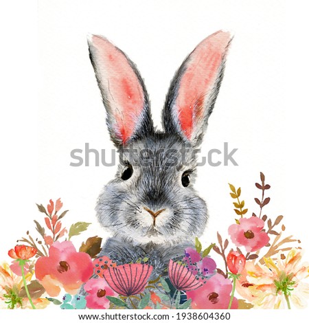 Watercolor illustration of a cute fluffy grey rabbit with pink ears in a blank background with colorful flowers