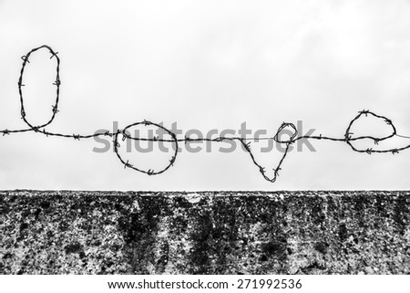 A black and white image of barbed wire formed into the word \'love\'.