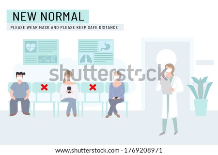 New normal lifestyle with social distancing.People wearing mask keep distance when sitting in queue, waiting for doctors.Hospital or clinic reception waiting room .Protection pandemic covid-19 corona 