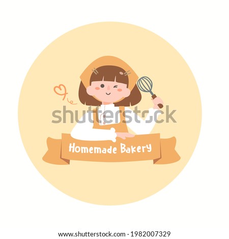 Cute girl chef smiling.Young woman cooking.homemade bakery concept.flat design vector illustion for logo bakery and label design.logo elements. Wearing arpon and chef uniform.