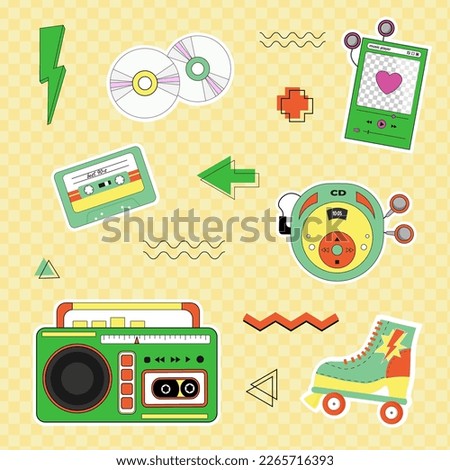 Tape recorder, player, CD discs and roller skates. Set of retro stickers 90s. Vector on a colored background with memphis elements. For gliders, diaries, social networks.
