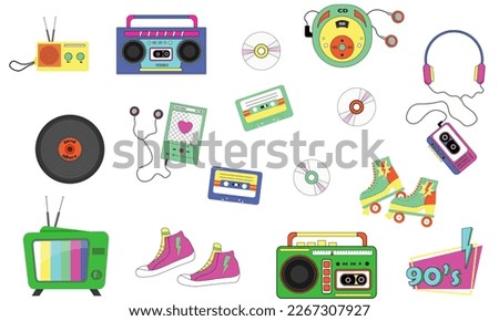 Classic retro elements of the 80s-90s. A set of bright illustrations - a stereo tape recorder, roller skates and sneakers, CD disks and a player, TV and radio, cassettes. Vector in modern style. 