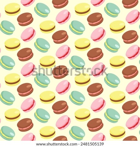 Pattern with macarons. Sweet pastries with different flavors. Modern design for packaging, holidays and textiles. Vector illustration