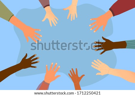 Hands in a circle, teamwork. Friendship of the peoples of the world, unification. Vector illustration.