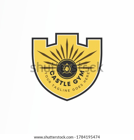 Unique castle or fortress icon and barbell in shield or guard image graphic icon logo design abstract concept vector stock. can be used as a corporate identity associated with gym or sport