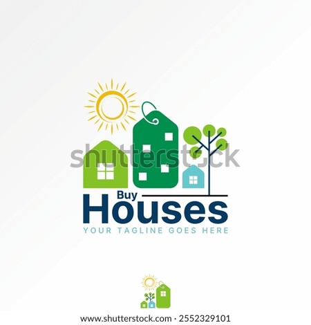 Logo design graphic concept creative premium vector stock image graphic text word Buy Houses bright sun home price tag to green tree property mortgage