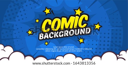 Pop art comic background with cloud and star. Cartoon Vector Illustration on blue