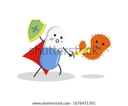 Strong Capsule tablet slash attack a bacteria microorganism virus. vector cartoon character illustration icon design. tablet, health, medical antibiotic concept