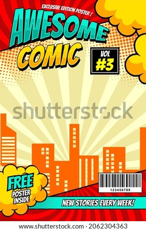 Comic magazine cover. Vintage comic book vector template. Book cover for comic cartoon magazine page illustration