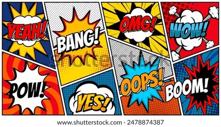 Comic book bubbles. Cartoon explosions funny comical speech clouds, comics words, thinking bubbles and graphic conversation text elements vector illustration set. Comic book emotional bubbles