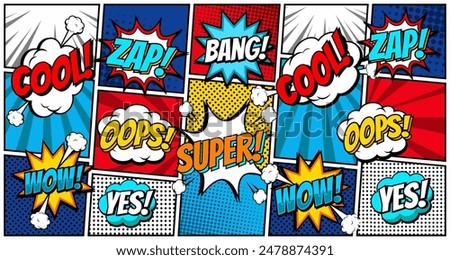 Comic book bubbles. Cartoon explosions funny comical speech clouds, comics words, thinking bubbles and graphic conversation text elements vector illustration set. Comic book emotional bubbles