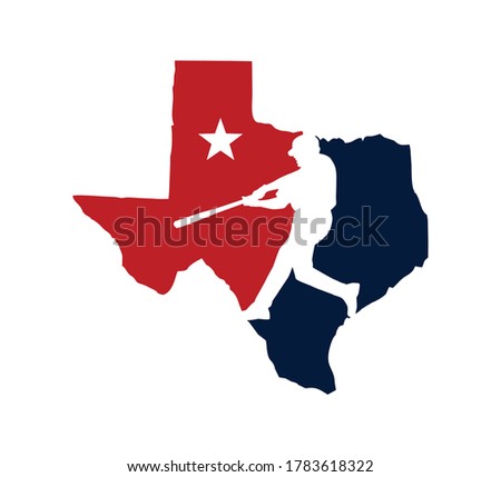 A vector illustration logo of Texas Baseball Team Championship Logo with map state of Texas with baseball player  