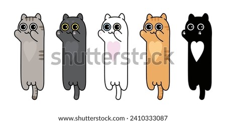 Cute multicolored  Longcat, vector cartoon cat bookmarks collection. Vector cat set for cover, poster, greeting card, printing on clothes and bags. Design template White background. Isolated.