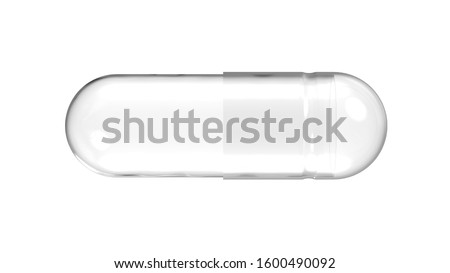 Empty Transparent Medicine Capsule Pill. Horizontal 3D Render Isolated on White Background Close-Up. 商業照片 © 