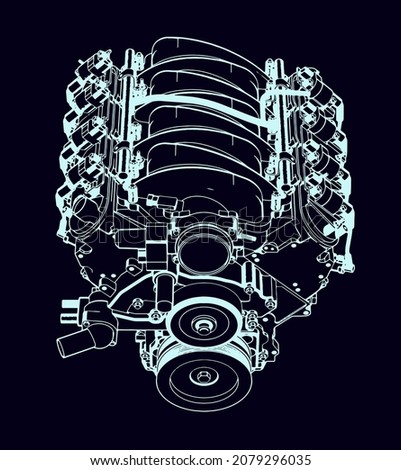 Modern V8 Engine. Outline style. Engineering Background. Vector Illustration.