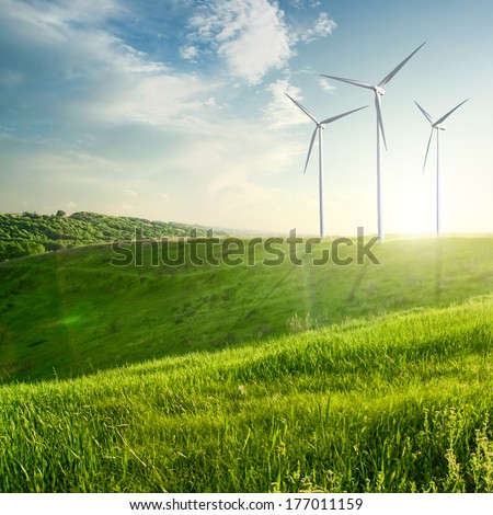 Similar – Image, Stock Photo Trees and wind turbines at dawn