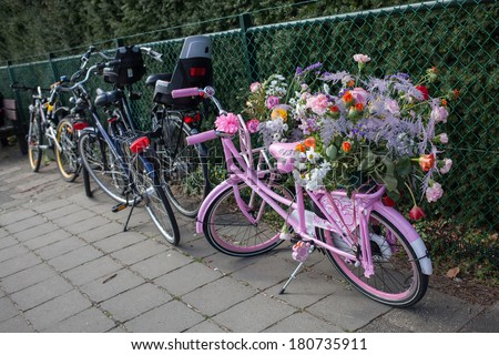 Lisse, Netherlands - April 20, 2013: Bicycle on flower parade. The annual Flower Parade in Holland between Noordwijk and Haarlem is a 42 km feast of beautiful colors and enticing aromas.