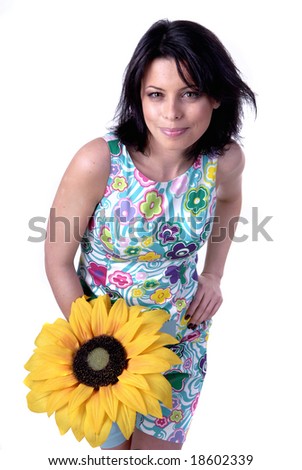 Girl with sunflower isolated on white
