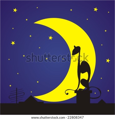 Black Cats Silhouette On The Roof Against Moon And Stars Stock Vector ...