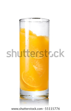orange juice with slices of orange in the glass isolated on white