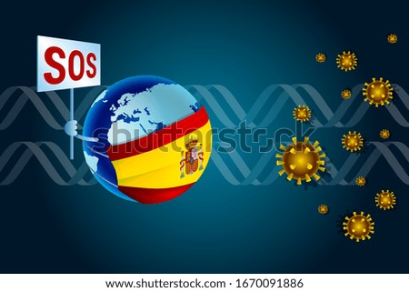 Coronavirus or Corona virus concept for Spain. Earth in a medical mask with Spanish flag asks SOS for help from virus coronavirus COVID-19 against the background of DNA