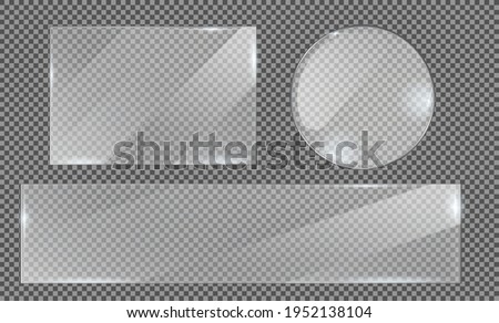 Glass plate on transparent background, clear glass showcase, realistic window mockup, acrylic and glass texture with glares and light, realistic transparent glass window in rectangle frame – vector