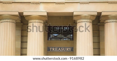 Grand treasury building with doric column architecture.