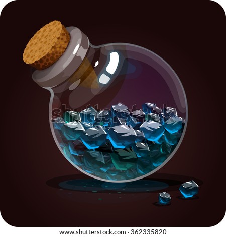 bottle with blue crystals.Game icon of magic elixir. Vector design for app user interface. philosopher’s stone, ingredient for defense potion