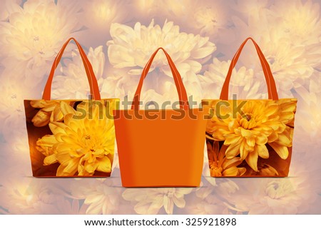 Colorful shopping, travelling  tote bags  pattern with floral design on soft blur style background. Chrysanthemums fantasy texture. Autumn collection