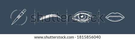 eyes, eyebrows, lips - set of linear vector icons. tattoo for the face. cosmetology. beauty services. facial tattoo machine. youth and beauty