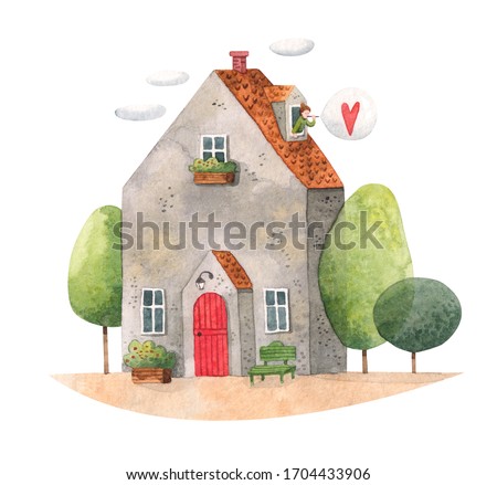 Watercolor illustration of a cute house and a girl sending bubble with a heart out of the window. Stay home and be safe. Send positive vibes. Home sweet home. Old house with trees beside. 