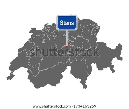 Map of Switzerland with road sign of Stans