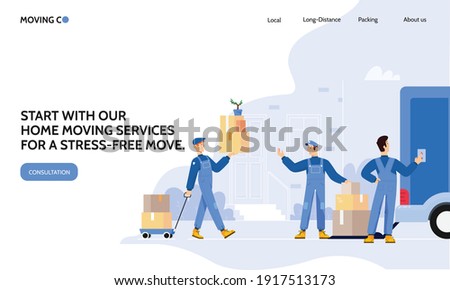 Team of three male characters with truck from moving service company