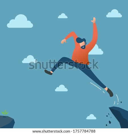 business vector illustrator of businessman who take a risk for long jump between the cliffs. vector illustrator. flat cartoon design.