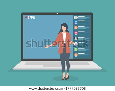 Live streaming event, young female performing in front of the laptop camera, remote activities, stay at home, business presentation, Video streaming, Video conferencing and online communication.