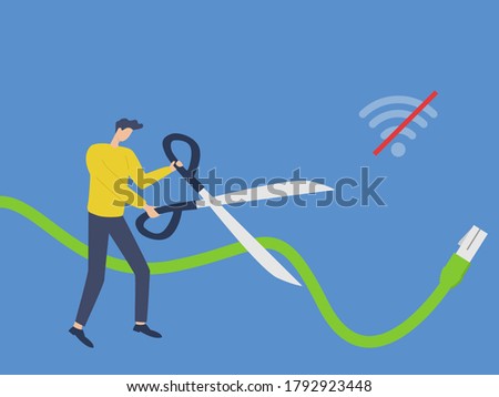 Man with scissor cuts off internet connection.
unsubscribe from the internet concept. vector illustration