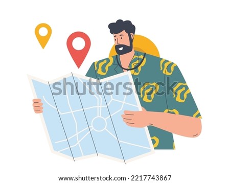 Man traveller looking into map to see the road, location searching, tourist with map
