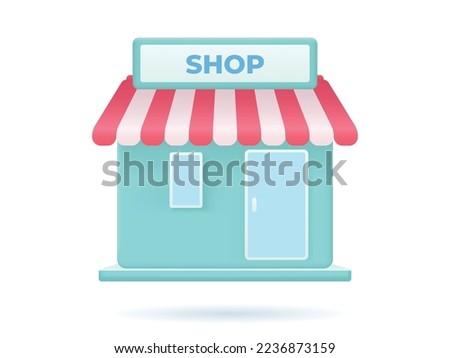 3D icon. grocery awning store building facade front side view. Commercial architecture exterior. retail market local store