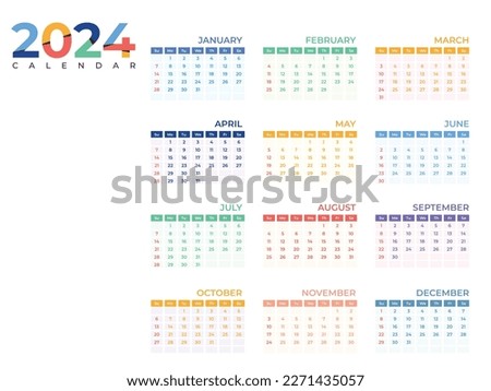 Set of 12 calendar, minimalist Calendar 2024 template, Planner year, Wall calendar, Week Starts sunday