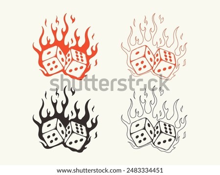 Hand drawn two game dices with flame. Casino games symbol, tattoo design 