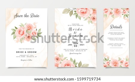 Wedding invitation card template set with flower bouquet. Peach roses with fluid background. Floral illustration for save the date, greeting, poster, cover vector