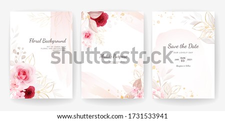Elegant abstract background. Wedding invitation card template set with floral and gold watercolor decoration for save the date, greeting, poster, and cover design