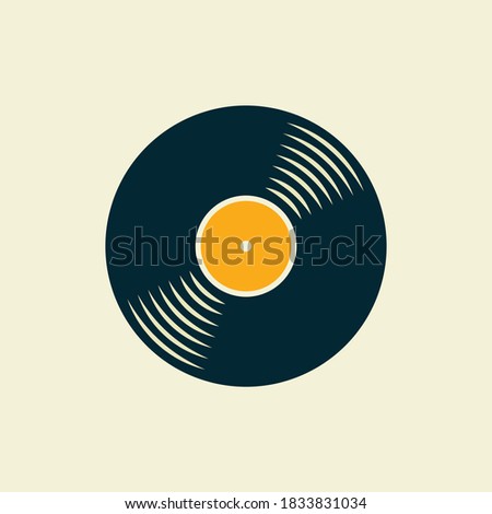 Vinyl LP record with yellow label. Gramophone vinyl symbol. Old music technology. Turntable disc album.