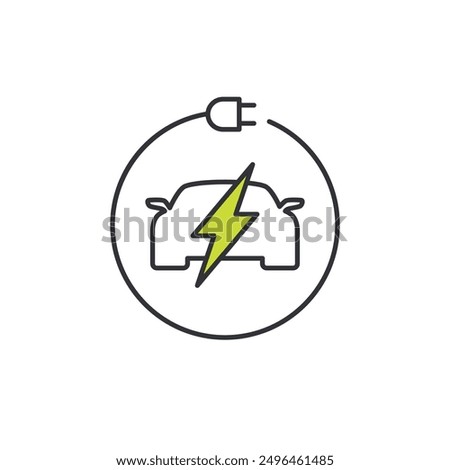 Icon for electric vehicle. Symbol for vehicle that powered from electricity. Pictures of vehicle with flash sign in the middle and circle of power. 