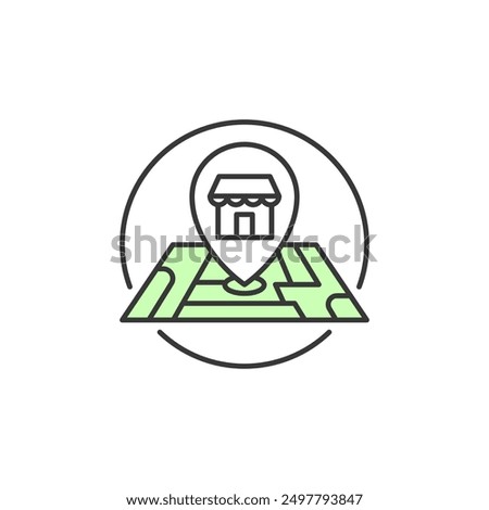 Shop location icon. Picture of store inside bubble arrow pin point on specific location on green map covered in circle. Illustration of direction to shop location as a guidance for customer. 