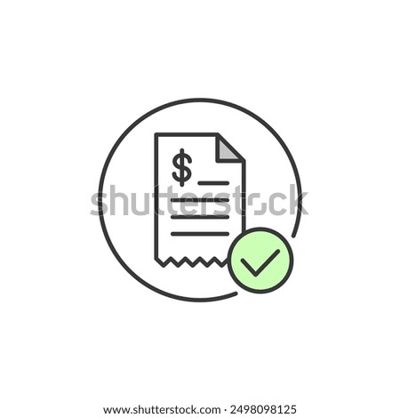 Illustration of receipt paper. Graphic source for receipt label illustrated by a piece of paper with dollar sign and green checklist in circle. Symbolizes a mark of transaction or trade bill as paid.