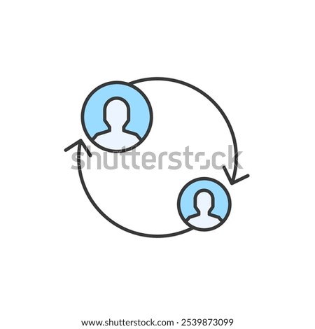 This icon illustrates a circular flow between two human figures, symbolizing direct interaction and data exchange. It represents decentralized communication, emphasizing connectivity and peer-to-peer