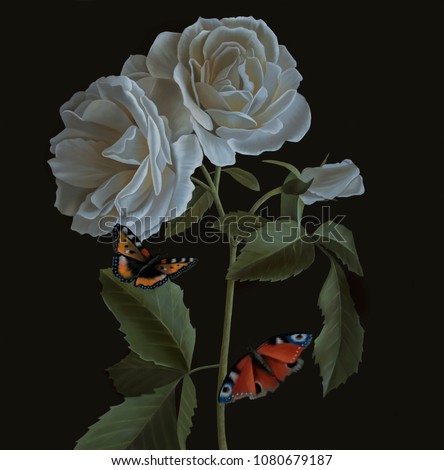 Still life oil painting with white roses and butterflies